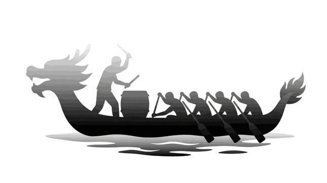 Dragon boat with rowers and drummer.