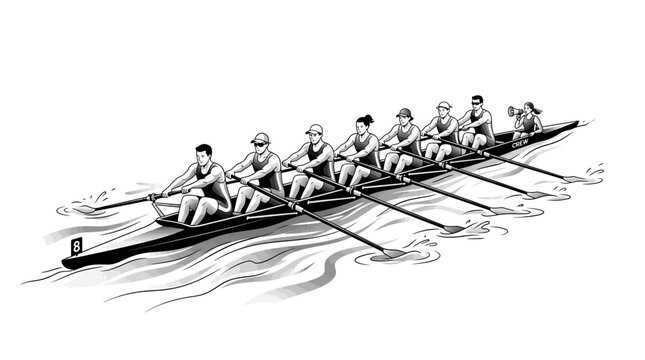Eight men rowing in a boat.