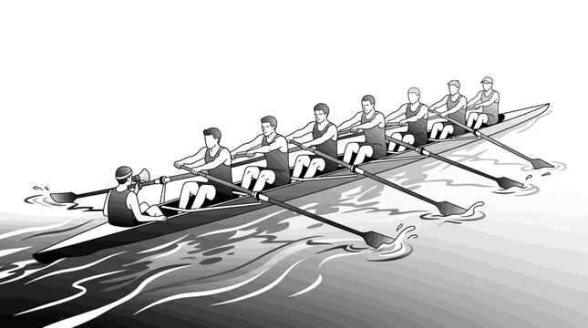 Eight athletes rowing in a boat.