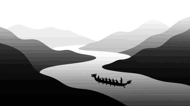 People in a long boat rowing.