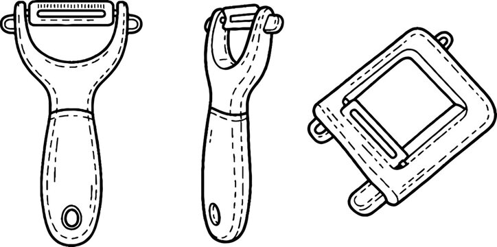 Kitchen peeler silhouettes on blue and white striped pattern