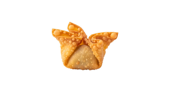 A single golden-brown fried wonton or crab rangoon appetizer on a white background, ready to eat.
