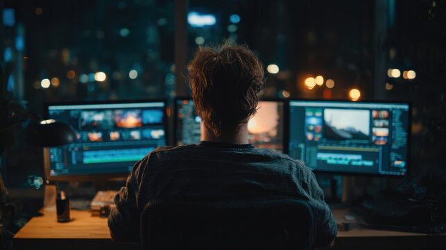 Man working on video editing at a desk with dual monitors in a dark room illuminated by screen light