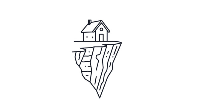 House on cliff edge, precarious home, danger, risk, isolated dwelling, extreme location, minimalist illustration