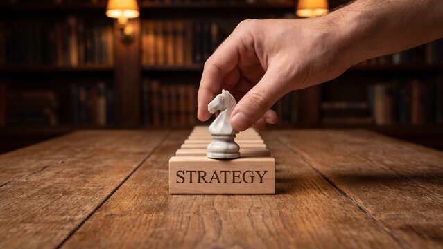 Strategic decision making concept represented by a hand moving a knight chess piece on a wooden table with the word strategy