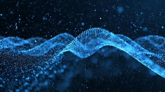 Abstract Blue Digital Waveform Particle Motion Background.