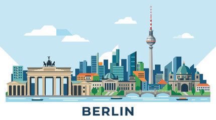 Berlin Skyline Flat Illustration with Brandenburg Gate & TV Tower © Grandong