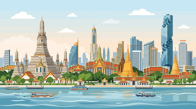 Bangkok Skyline Panorama: Wat Arun, Skyscrapers, Chao Phraya River