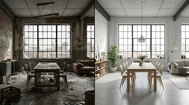 Comparison of an abandoned dilapidated space and a modern renovated interior with bright lighting and minimalist style