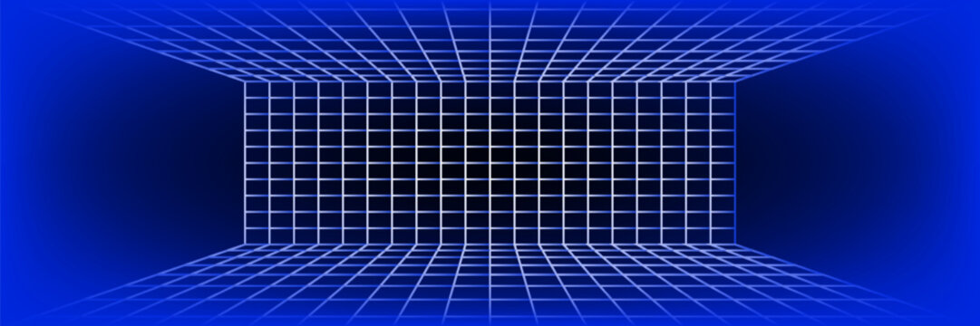 Glowing neon wireframe horizon background. Blue grid room floor in perspective. Bright retro futuristic wallpaper. Abstract checkered plane landscape. Game cyber surface. Vector backdrop