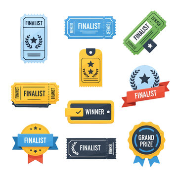 Various colorful award badges and tickets with the word finalist on them are shown