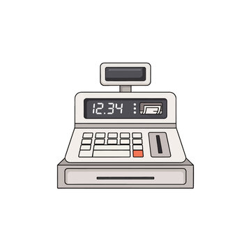 A detailed illustration of a cash register with a digital display showing a price and buttons