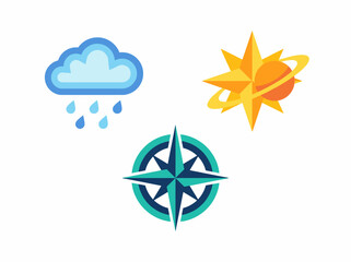 Fototapeta premium A vibrant display of weather symbols including clouds, sun, and compass, representing nature's elements and guiding travelers in their outdoor adventures.