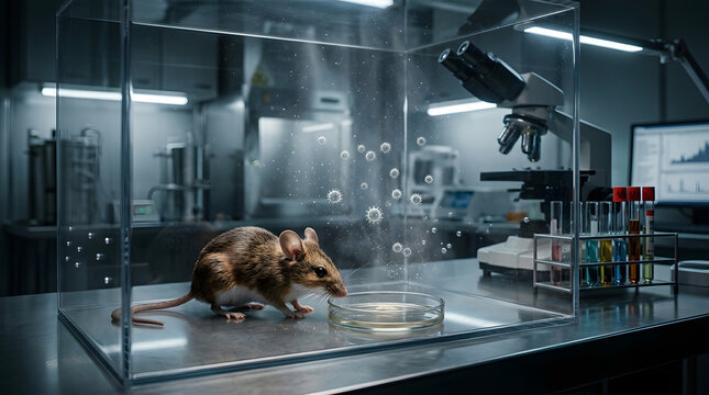 Laboratory mouse in scientific research experiment, microscope and test tubes nearby