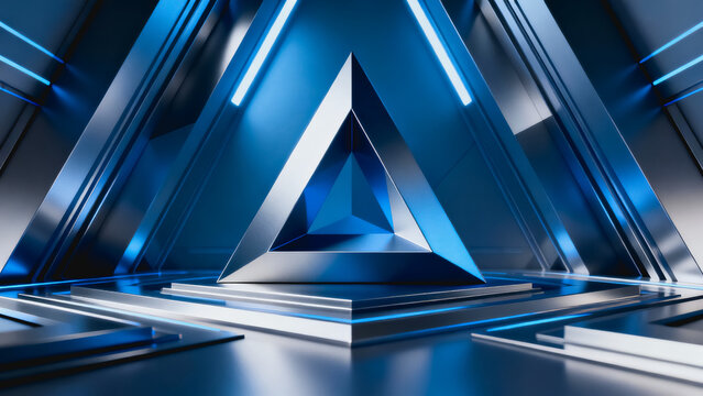 This 3D rendered tech interior features nested metallic triangular structures, accented by glowing blue neon lights and reflective polished surfaces in a sleek futuristic space.