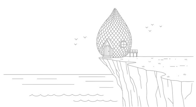 Whimsical Dragon Egg House on Cliff Edge Overlooking Ocean
