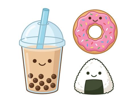 This adorable collection of food icons features a bubble tea, donut, and sushi, embodying the whimsical charm of kawaii culinary art in vibrant and joyful colors.