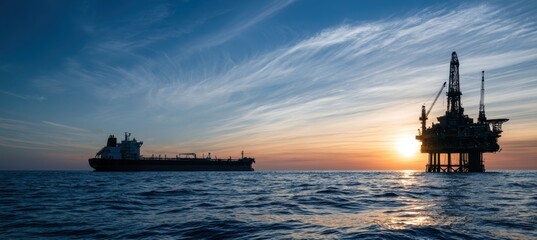 Obraz premium an outdoor, long shot capturing an oil platform and a vessel at sea during a sunset a large cargo ship or tanker is situated in the midground to the left of the rig Generative AI