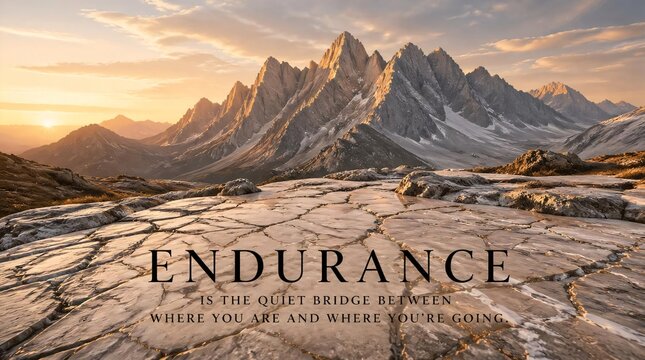 Veined quartz textures cover the foreground of an majestic mountain range landscape during a golden sunrise, creating a serene and inspirational widescreen wallpaper with elegant motivational text.