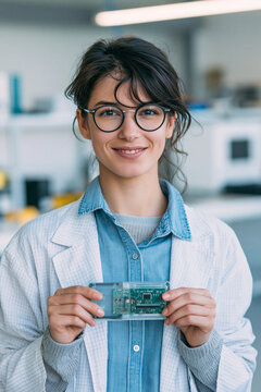 Female Scientist Portrait: Smiling Professional Innovating with Circuit Board in Modern Laboratory Engineering Workspace