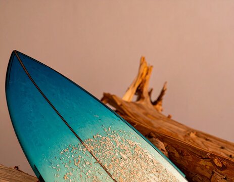 Teal Surfboard on Driftwood, Beach Texture