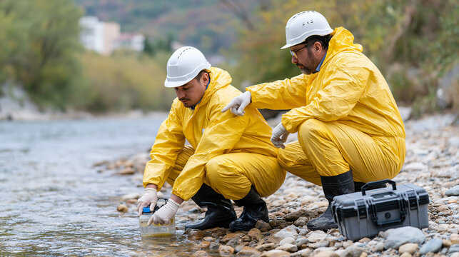 Water Analysis Inspection: Two Environmental professionals diligently collect water samples from a pristine river, exemplifying dedication to environmental protection and responsible stewardship.