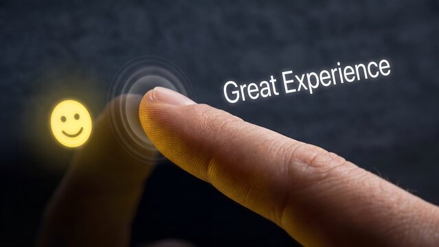 A finger clicks a glowing smiley button with the words Great Experience on a dark background.