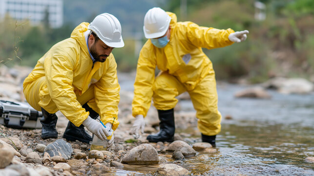 Analyzing Water Quality: A pair of environmental scientists, clad in protective gear, meticulously analyze water samples in a riverbed setting.