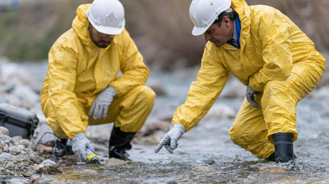 Safety First: Experts in protective suits and hardhats conduct meticulous environmental monitoring, documenting findings within an area.