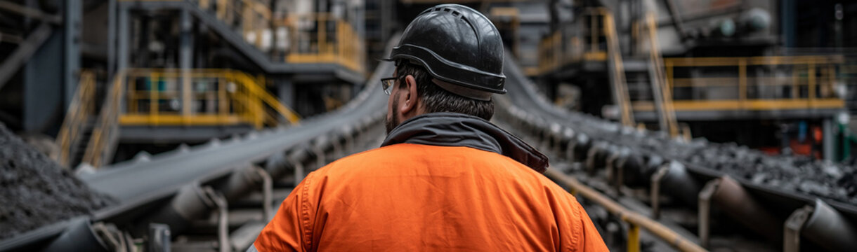 Industry Observer: A dedicated worker, adorned in safety gear, surveys the intricate machinery of an industrial plant, embodying diligence and attention to detail.