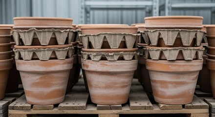 Naklejka premium Terracotta pots stacked with biodegradable trays on wooden pallet for planting