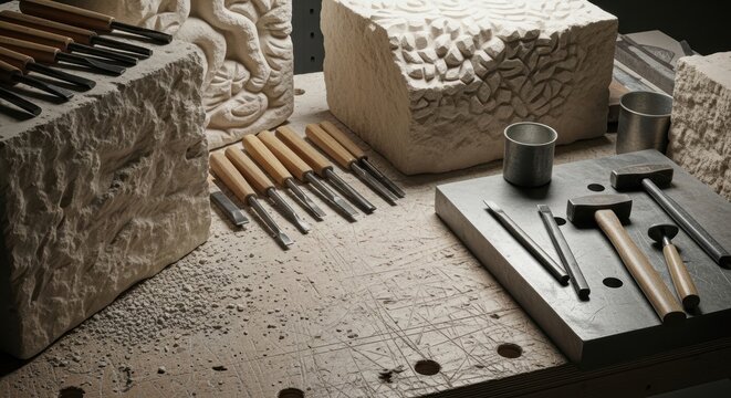 Stone carving tools and chisels arranged on workbench with carved blocks