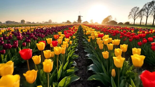 Vast Tulip Field Sunrise Windmill Scenic Landscape.