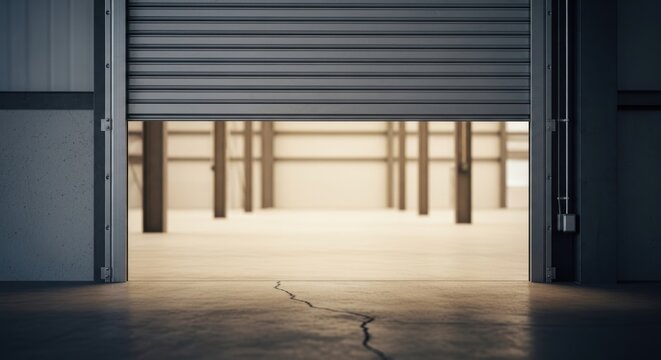 Garage door opening with cracked concrete floor and empty industrial interior
