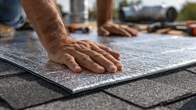 Roofing Installation: A close-up shot captures a contractor carefully installing insulation on a rooftop, emphasizing the precision of his work. 