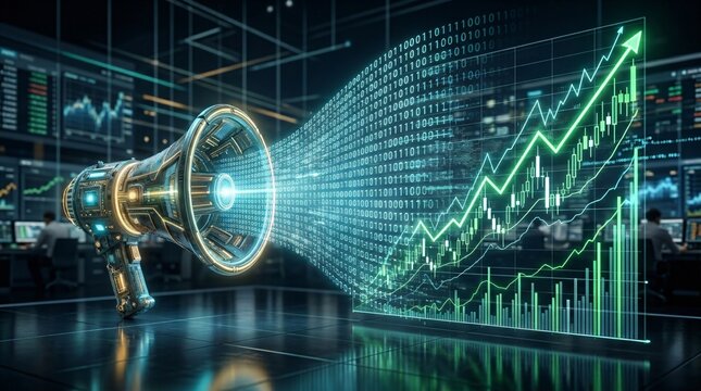 Futuristic digital megaphone broadcasting financial data, glowing stock market growth charts, high-tech trading room with binary code visualization
