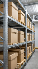 Obraz premium Warehouse Storage: Orderly rows of cardboard boxes neatly stacked on industrial shelving, representing logistical efficiency and inventory management within a commercial warehouse setting.
