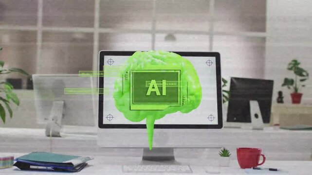 On startup neon brain appearing over screen, sliding HUD bars visualizing AI analysis at desk