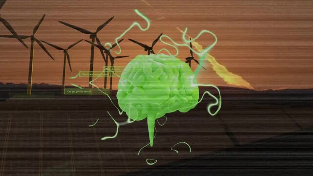 Digital glitch emerging brain holo pulsing extending tendrils showing HUD data over sunset turbines
