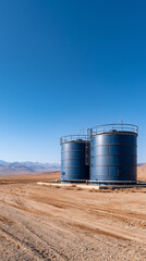 Obraz premium Industrial Silos in Arid Landscape: Two robust industrial silos stand sentinel against a backdrop of barren terrain and a clear, endless blue sky. conveying a sense of enduring strength and solitude.