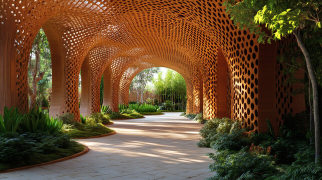 An intricate trellis structure with perforated orange panels arches over a paved pathway surrounded by lush greenery and trees under bright natural light creating a serene architectural walkway.