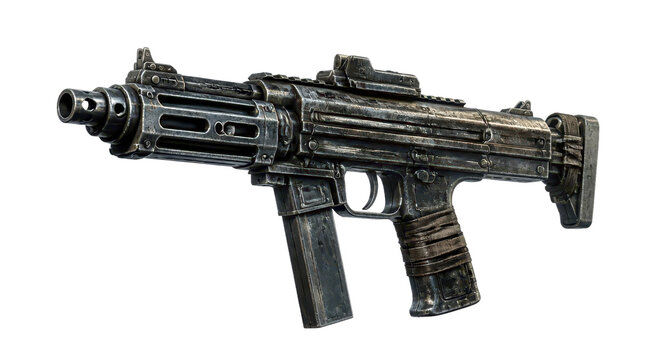 A highly detailed isometric submachine gun digital painting rendered in 20260509 gigapixel standard, featuring weathered metallic textures and a tactical design isolated on a transparent background.