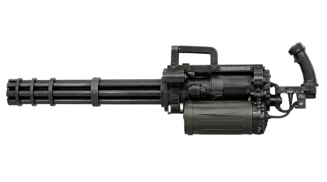 A highly detailed digital rendering of a heavy rotary machine gun, showcased with rough textured brushstrokes in a professional gigapixel standard quality isolated on a plain white background.