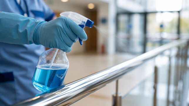 Disinfection Ritual: A person wearing protective gloves meticulously sanitizes a metallic handrail with a spray bottle, showcasing dedication to cleanliness and hygiene.