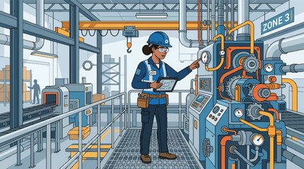 Fototapeta premium A female industrial engineer monitoring complex machinery in a manufacturing plant.