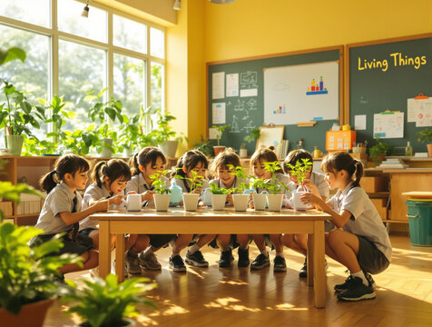 Diverse group of elementary school children engaged in hands-on learning with classroom plants during a science lesson in a bright, modern educatio...