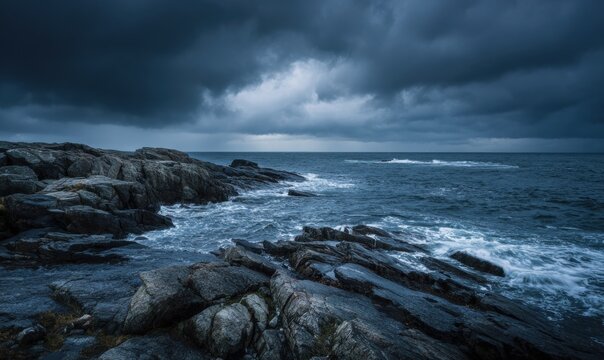 Stormy sea with crashing waves on rocky shore