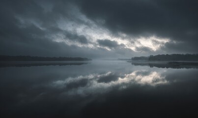 Fototapeta premium Dramatic sky mirrors perfectly in still lake waters