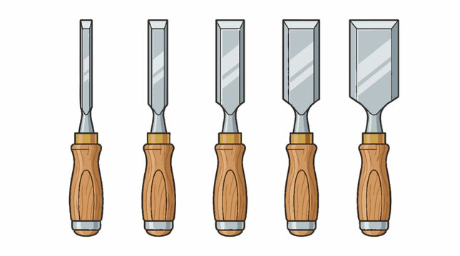 Set of five different sizes of wood chisels with wooden handles.