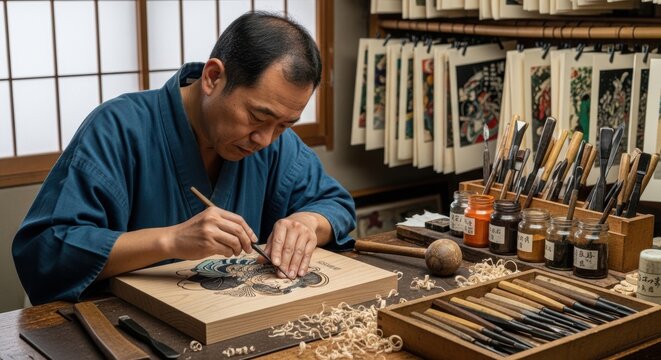 A woodblock print (ukiyo-e) carver hunched over a cherry wood block, using fine chisels to carve intricate lines. Wood shavings curl around the block.